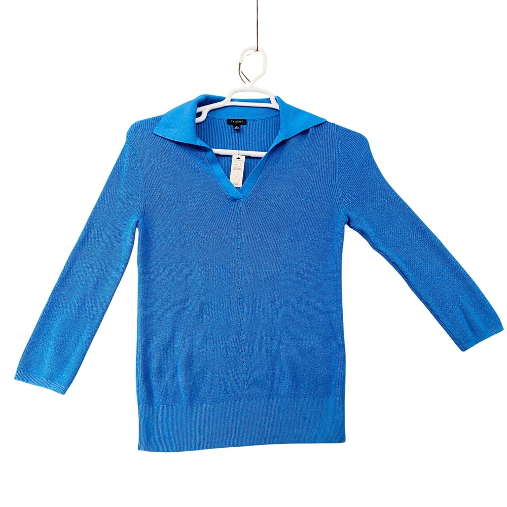 Talbots Womens Blue Ribbed Johnny Collar V-Neck‎ 3/4 Sleeve Sweater Size M NEW